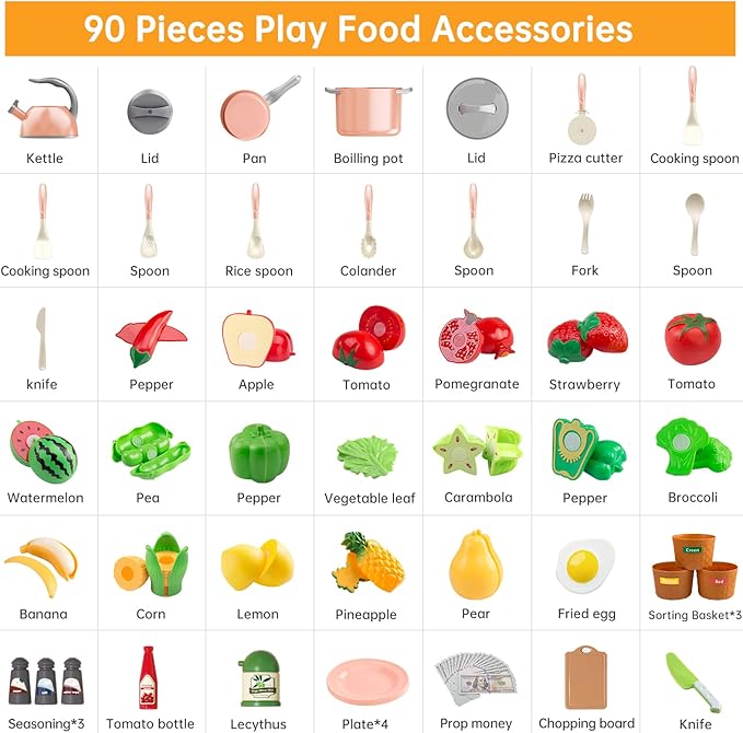 90Pcs Kitchen Playset Accessories, Pretend Cooking with Pots, Pans, Cookware, Food, Fruit, Veges, Color Sorting Baskets, Prop Money, Learning Gift for Girls Boys Toddlers (Pink)