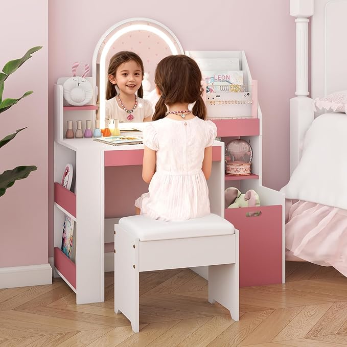 ARTETHYS Kids Vanity with Mirror and Lights Small Princess Pink & White Dressing Table with Open Bookshelf 3 in 1 Toddler Makeup Vanity Desk Set with Storage Chair and Toy Organizer for Little Girls