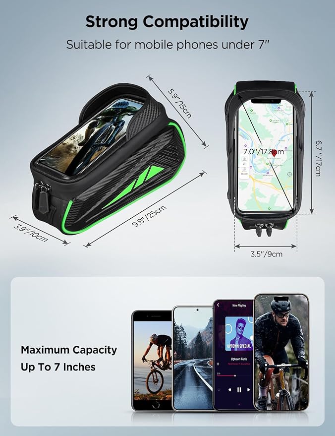 Bike Phone Holder Bag, EVA Waterproof Bicycle Front Frame Bag, Bike Accessories Cycling Pouch with Sensitive TPU Touch-Screen, Bicycle Phone Mount with Rain Cover for Phone under 7" (Green, 7 inch)