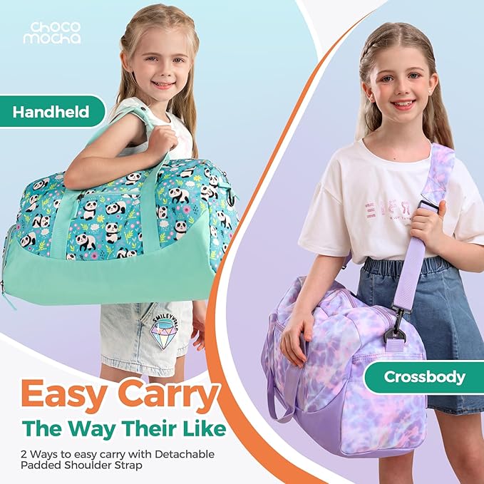 Choco Mocha Duffle Bag Kids Girls - Dinosaur Overnight Bags for Kid with Shoes Compartment, Cute Weekender Bag for Sleepover Travel, Purle