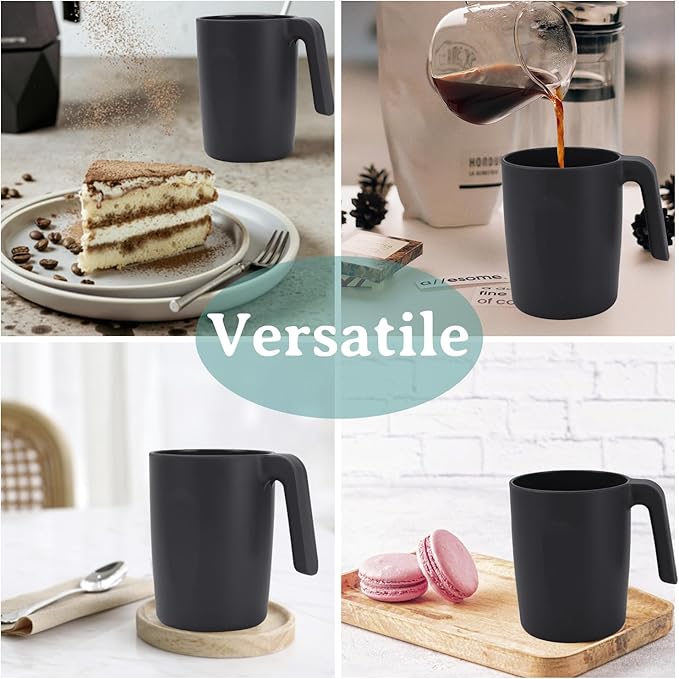 16oz Wheat Straw Cups with handles set of 6-Plastic Cups Reusable-Unbreakable Kids Mugs-Dishwasher Safe & Microwave Safe-Ideal Plastic Mugs for Tea,Coffee,Camping,RV-Black