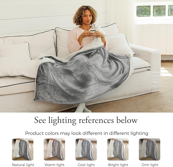 NANPIPER Sherpa Blanket for Couch, Warm and Lightweight Throw, Soft Fuzzy Plush Fleece for Winter, Lunar Rock Grey 50x60 Inches