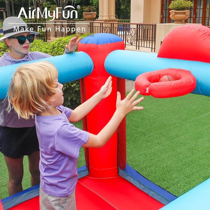AirMyFun Inflatable Bounce House, Bouncy House with Slide,Indoor Outdoor Bounce House with Ball Pit,Basketball Hoop,Target Balls and Boxing,Inflatable Bouncer for Party