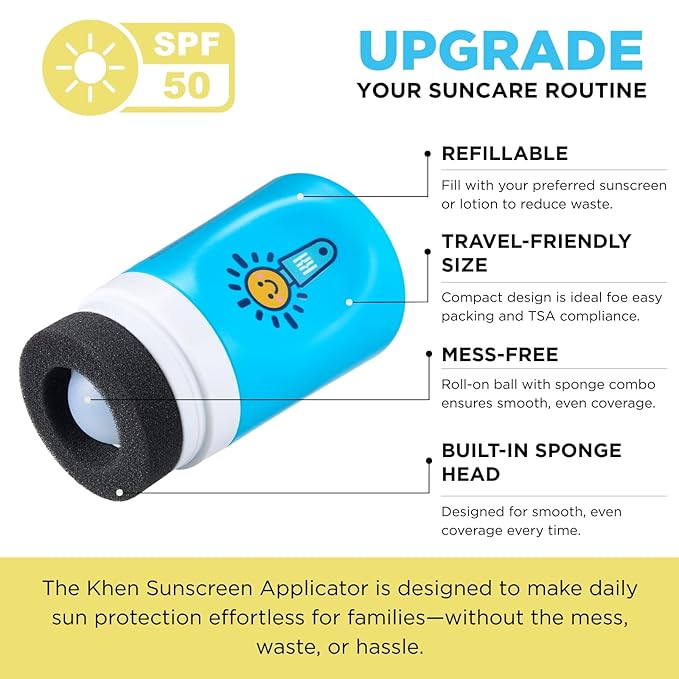 Sunscreen Applicator With Broad Spectrum SPF 50+ Sunscreen UVA/UVB Protection, Water-Resistant 5oz - Kids, Adults & Families, Refillable Roll on Sponge Spill Easy Application, Paraben Dye & Tear Free