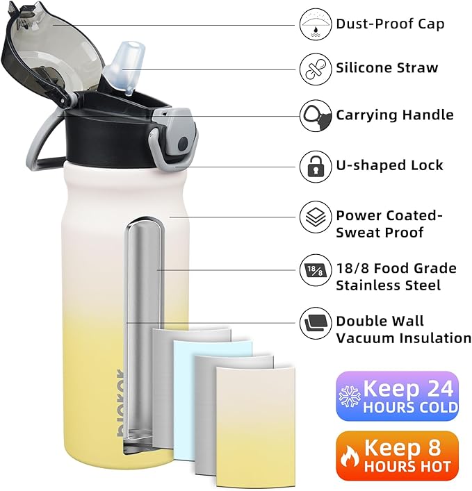 BJPKPK Insulated Water Bottle 18oz Stainless Steel Water Bottles with Straw and Carry Handle Double Wall Metal Thermal Flask,Lemon