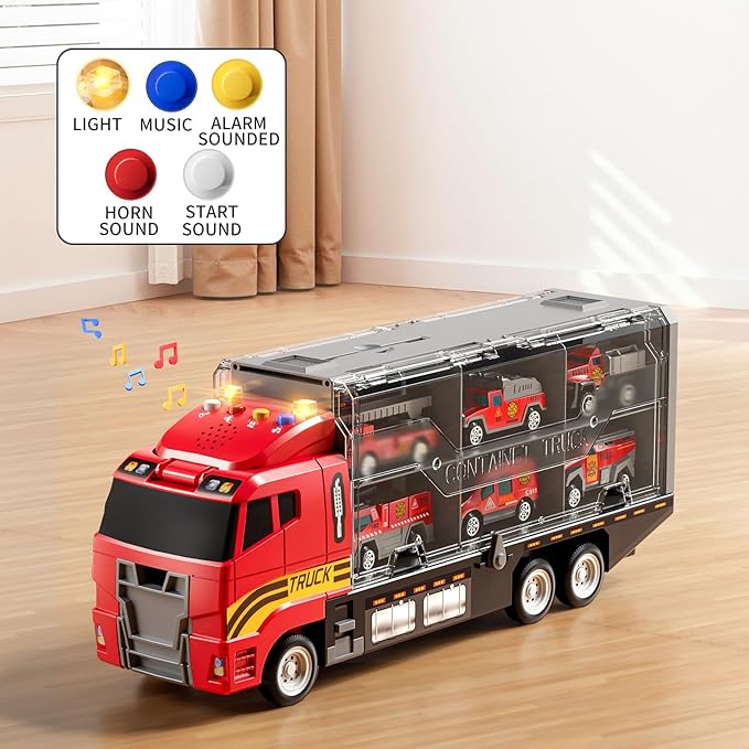 Toddler Boys Toys for 3-5 Years Old, Fire Truck Vehicle Set with Play Mat and Die-Cast Toy Car, Transport Carrier Truck for Kids 3-5, Birthday Gifts Toys for 3-8+ Year Old Boys