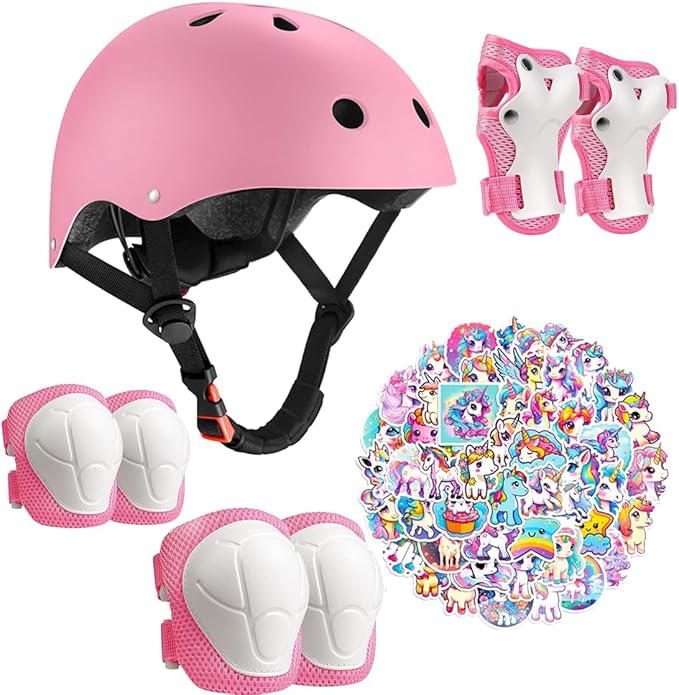 Kids Bike Helmet with Knee Elbow Wrist Pads Guards,Pink,for Ages 2-3-5-8-14,Sports Bicycle,Skate Scooter,Rollerblading with Unicorn Sticker