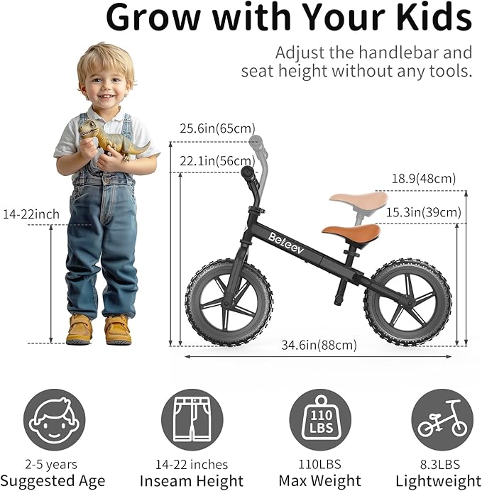 BELEEV C2 Toddler Balance Bike for 2-5 Year Olds with LED Light-Up Wheels, Adjustable Seat & Handlebar & Footrest, 12 inch No-Pedal Training Kids Push Bicycle - First Birthday Gift for Boys & Girls