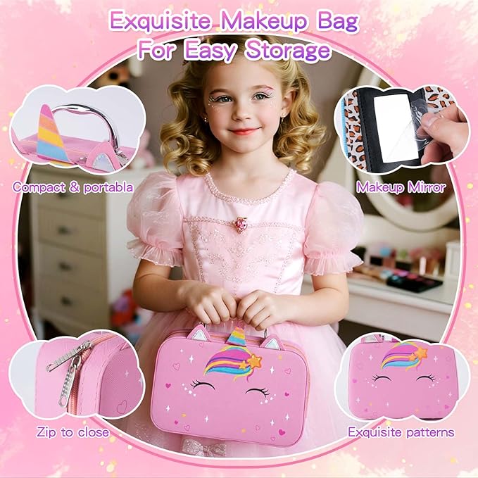 Kids Makeup Sets for Girls, Real Washable Make Up Kits Toys Toddler Children Princess Dress Up Birthday Toy for 3 4 5 6 7 8 9 10 11 12 Years (Pink)