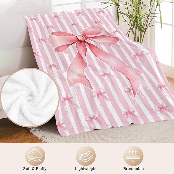 Pink Bow Throw Blanket for Girls, Bows Fleece Blanket Coquette Gifts for Women Girls, Warm Cozy Soft Flannel Preppy Stuff for Bed Sofa Couch 80" x 60"
