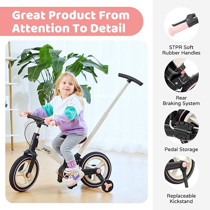 JMMD Toddler Bike with Push Handle for Kids 18-60 Months, 6 in 1 Foldable Push Bike with Training Wheels, Pedals, Brakes, Kickstand, Kid Balance Bike Gift & Toys for Boy & Girl
