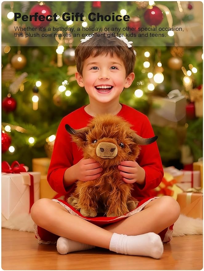 Highland Cow Fluffy Stuffed Animal, 10" Adorable Realistic Plush Toy Soft Cute Cow Plushie Home Decor Gift for Boys Girls Kids Teens Adults, Brown