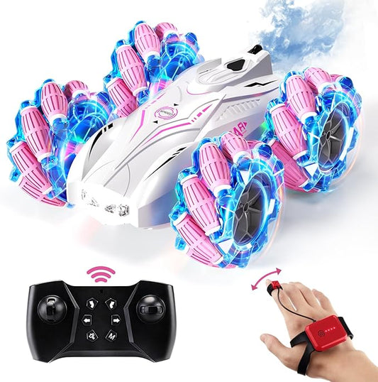 RC Gesture Sensing Stunt Car,2.4GHz 4WD Remote Control Car with Cool Light,Double Sided Rotating Off Road Vehicle 360 Degree Flips Cars for 6-12 Year Old Boys Girls Birthday Presents [Pink]
