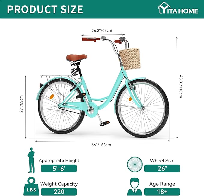 YITAHOME Beach Cruiser Bike for Women, 24 & 26 inch Commute Bike for Adults, 1 & 7 Speed Womens Bicycle with Basket Adjustable Seat, Multiple Color