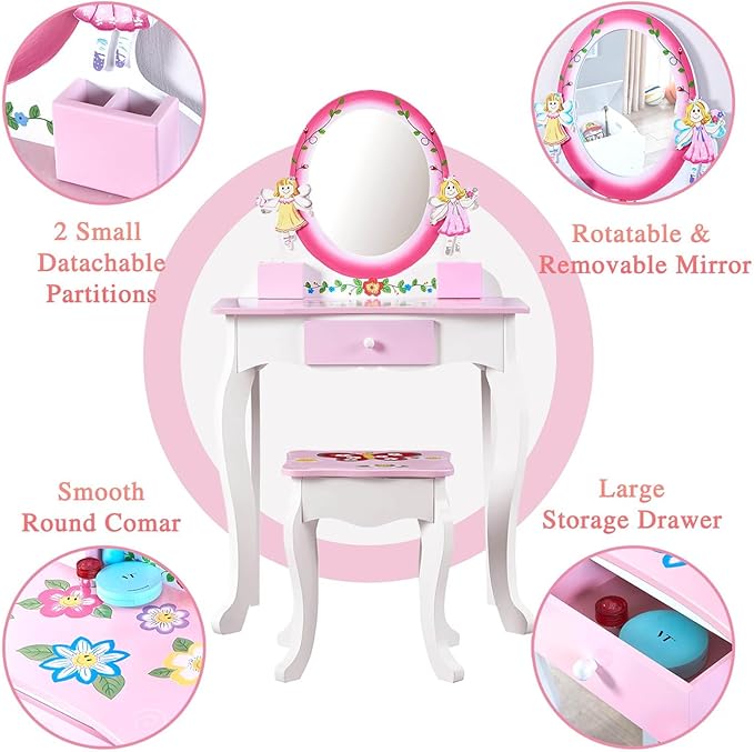 Wooden Vanity Set for Kids with Mirror and Stool, Flower & Butterfly-Themed Makeup Dressing Table and Chair for Girls, with Pull-Out Drawer and Jewelry Boxes
