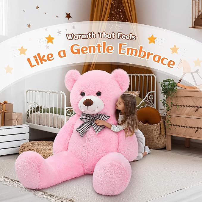MorisMos Bow Tie Giant Teddy Bear, 55inch Large Big Teddy Bear Plush, Lifesize Stuffed Animals for Girlfriend, Pink