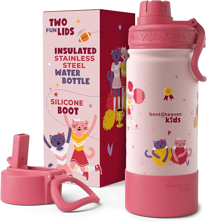 Bentoheaven Kids Water Bottle Stainless Steel for Boys & Girls, 2 Lids (Chug & Straw), Handle & Silicone Boot, Reusable Metal Leak-proof Insulated Tumbler, School & Sports 17oz (Pink)