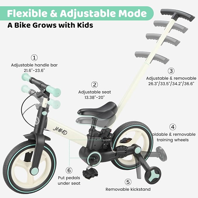 JMMD Toddler Bike with Push Handle for Kids 18-60 Months, 6 in 1 Foldable Push Bike with Training Wheels, Pedals, Brakes, Kickstand, Kid Balance Bike Gift & Toys for Boy & Girl