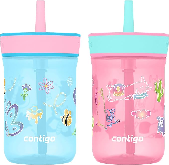Contigo Leighton Kids Plastic Water Bottles Spill-Proof Tumblers with Straw Dishwasher Safe 14oz 2-Pack in Blue Raspberry/Butterflies & Azalea/Llamas Themes - Ideal for Toddlers and Older Kids