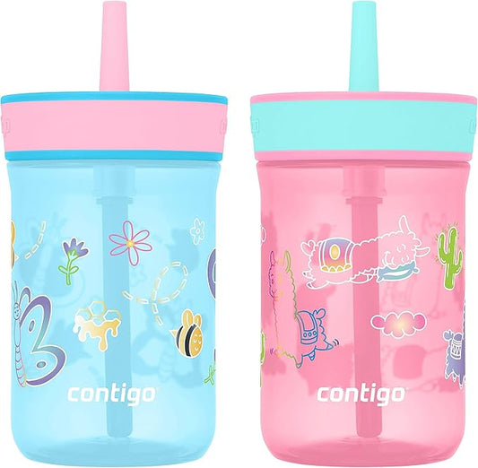Contigo Leighton Kids Plastic Water Bottles Spill-Proof Tumblers with Straw Dishwasher Safe 14oz 2-Pack in Blue Raspberry/Butterflies & Azalea/Llamas Themes - Ideal for Toddlers and Older Kids