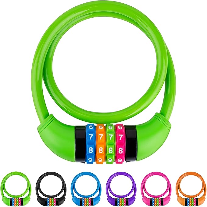 Bike Lock Cable, Bicycle Cable Lock with 4 Digit Combination & Alloy Lock Head, Resettable Kids Bike Cable Lock, 2 Ft x ∅0.45 IN, Lock for Bike, Scooter, Skateboard, Motorcycle, E Bike (Green)