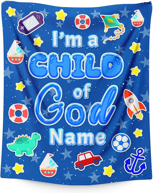 Personalized Blanket for Boys, Christian Throw Blanket Gifts for Kids Teens, 50"x60" Blue Cute Custom Flannel Blankets for Boys Age 8-10 Lightweight Throws for Couch Sofa Bed Decor, Christian Gift