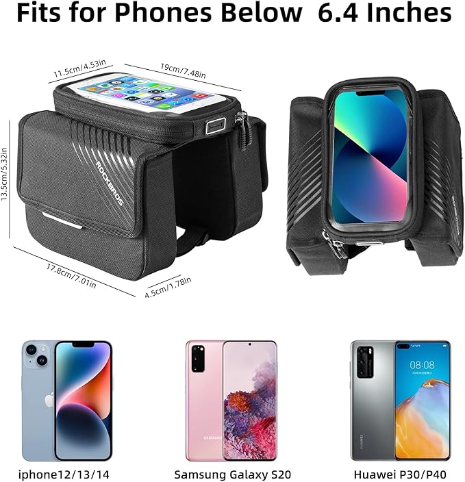 ROCKBROS Bike Frame Bag, Waterproof Top Tube Bike Bag, Large Storage Touch Screen Bike Cell Phone Holder Suitable for iphone X,11,12,13,14 Below 6.4"
