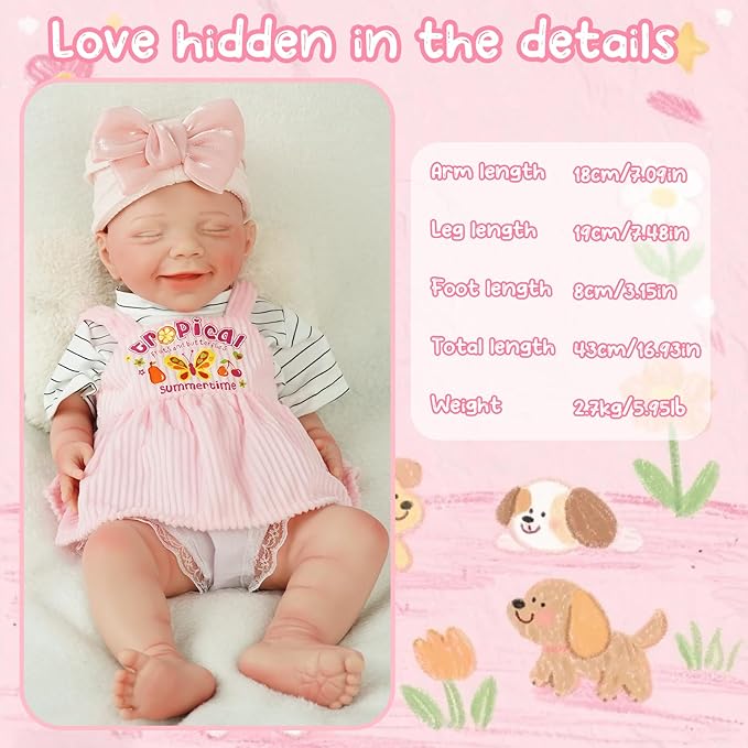 17.72 in Full Silicone Reborn Baby Dolls, 1:1 Lifelike Newborn Dolls Non Vinyl Realistic Reborn Toddler Dolls Boy Washable Sleeping Doll