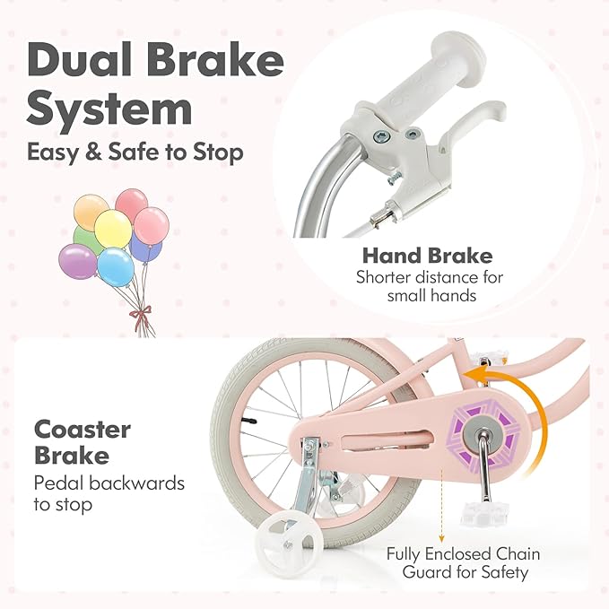 COSTWAY Kids Bike, 14 16 18 Inch Toddler Bike with Training Wheels, Basket, Adjustable Seat & Handlebar, Hand & Coaster Brakes, Bell, for Girl Boy Aged 3-8 Years Old