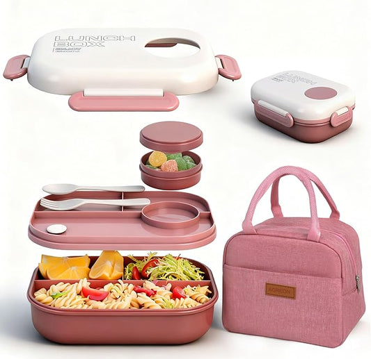 Lunch Box for Women & Adults - Kid-Friendly 37.2oz 3-Compartment Bento Box with Thick Insulated Lunch Bag, Leak-Proof with Sauce Container, Built-in Utensil Set, Dishwasher Safe (Claret)