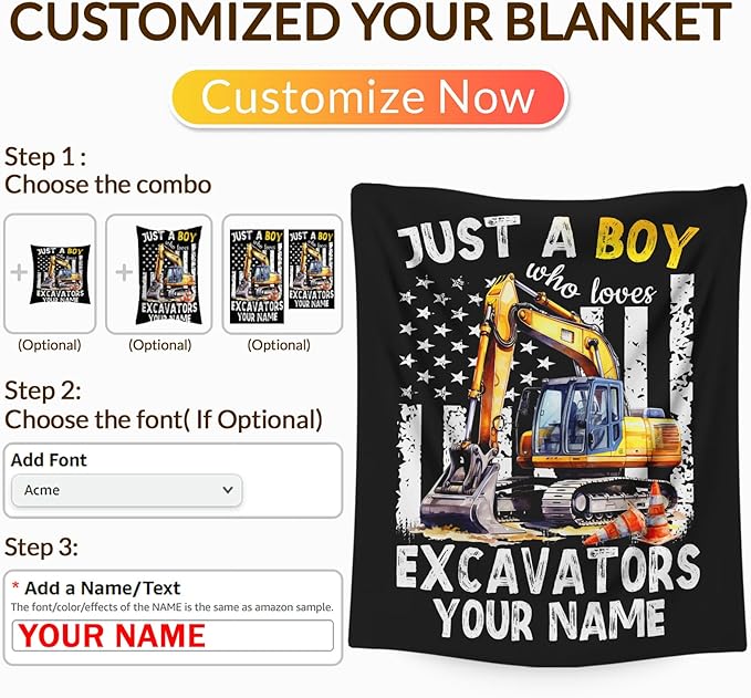 Personalized Excavator Blanket Gifts for Boys, Cute Car Throw Blanket for Kids Teens Construction Truck Lovers, Custom 50x60 Inches Black Soft Blankets for Sofa Couch Bed