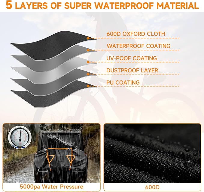 NEVERLAND Bike Cover for Transport on Rack, Bicycle Cover Outdoor Storage Waterproof All Seasons, 600D Oxford Materials, Travel Use for Car, Truck, RV, SUV - Light Night Reflectors for 2 Bikes