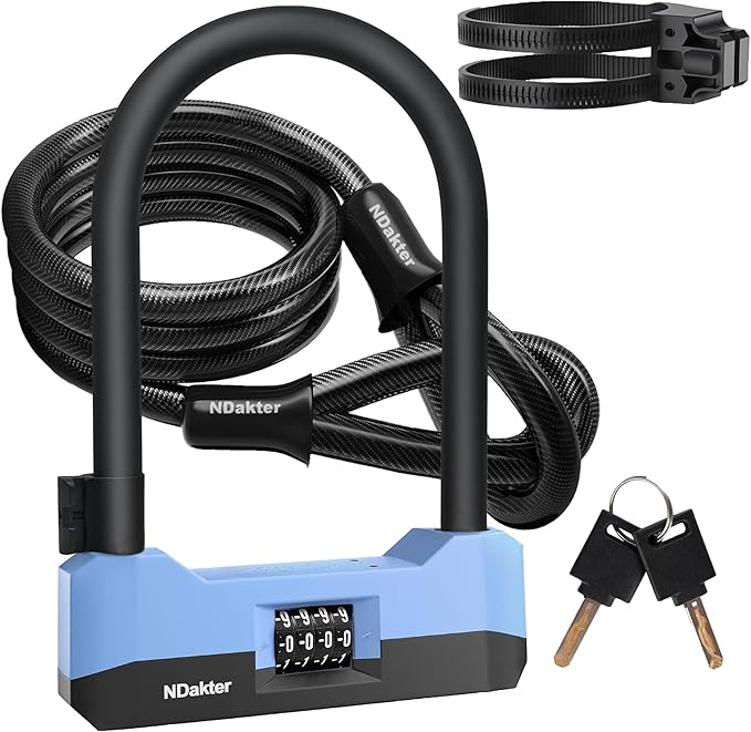 NDakter Bike Locks Heavy Duty Anti Theft，18mm Bicycle Combo U Lock with 5FT Cable, 4-Digit Resettable Combination Electric Scooter Lock with 2Keys and Bracket for Tricycle, Moped, Motorcycle (Blue)