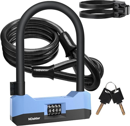 NDakter Bike Locks Heavy Duty Anti Theft，18mm Bicycle Combo U Lock with 5FT Cable, 4-Digit Resettable Combination Electric Scooter Lock with 2Keys and Bracket for Tricycle, Moped, Motorcycle (Blue)