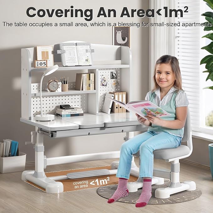 Kids Desk and Chair Set, Height Adjustable Study Table with Bookshelf & Storage Drawer, 0-50° Tiltable Desktop, Ergonomic Study Desk for Boys and Girls Ages 3-12 (Grey)