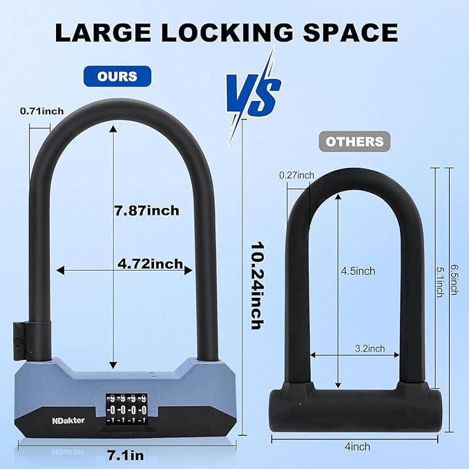 NDakter Bike Locks Heavy Duty Anti Theft，18mm Bicycle Combo U Lock with 5FT Cable, 4-Digit Resettable Combination Electric Scooter Lock with 2Keys and Bracket for Tricycle, Moped, Motorcycle (Blue)