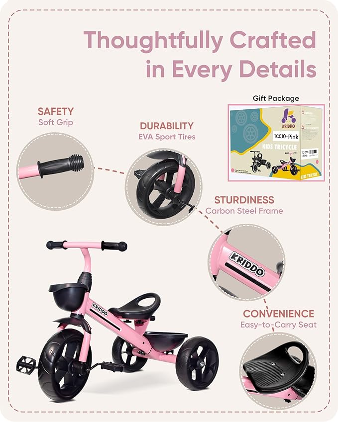 KRIDDO Kids Tricycles Age 24 Month to 4 Years, Toddler Kids Trike for 2.5 to 5 Year Old, Gift Toddler Tricycles for 2-4 Year Olds, Trikes for Toddlers, Sporty Styling, Pink