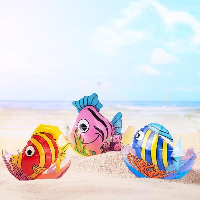 ArtCreativity 3D Fish Beach Balls for Kids, Set of 3, Clear Balls with Colorful Fish Inside, Inflatable Swimming Pool Toys and Aquatic Party Decorations, Underwater Party Supplies and Favors
