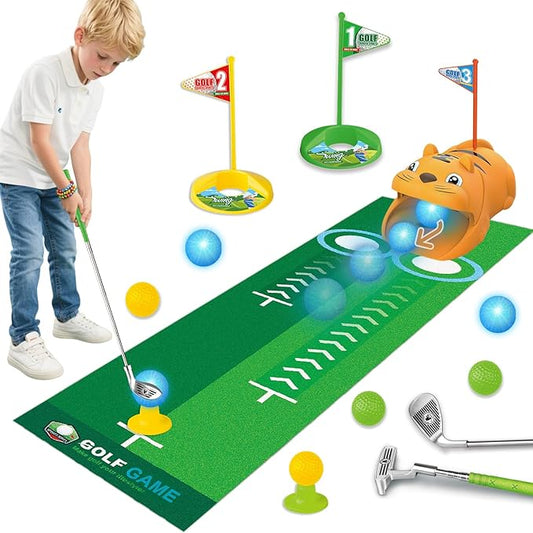 Fistone Kids Toy Golf Set, with Automatic Golf Returner, Golf Balls, Clubs, Putting Mat, Indoor Outdoor Sports Toy Birthday Gift
