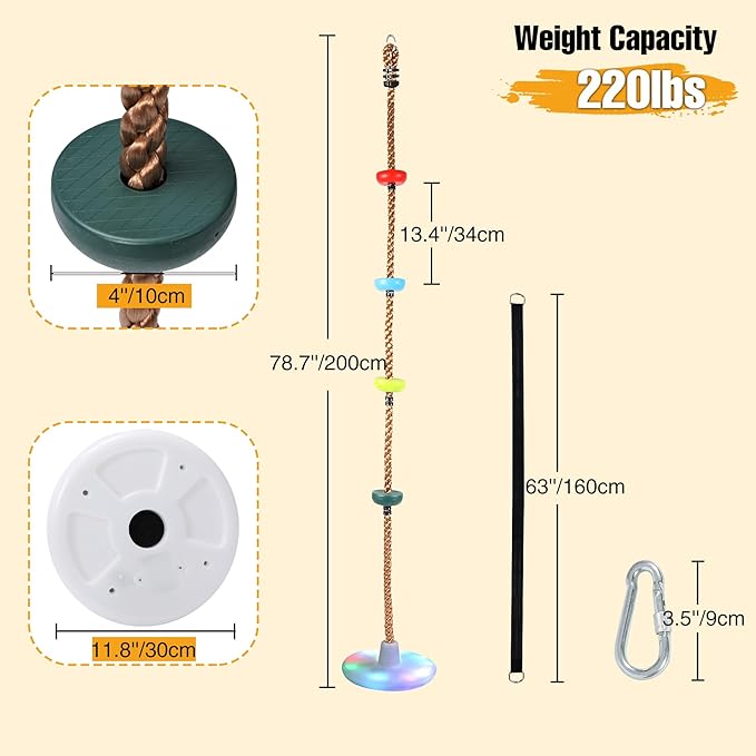 REDCAMP LED Climbing Rope Swings for Trees, Heavy Duty Plastic Disc Swing Seat for Kids and Adults with Hanging Strap and Snap Hooks, Multicolor