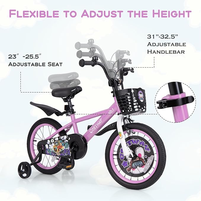 BABY JOY Rabbit Pilot Sporty Kids Bike, 12 14 16 18 Inch Child Bike for 3-8 Years Old with Adjustable Height, Training Wheels, Storage Basket, Handbrake & Coaster Brake, Kids Bicycle for Girls Boys