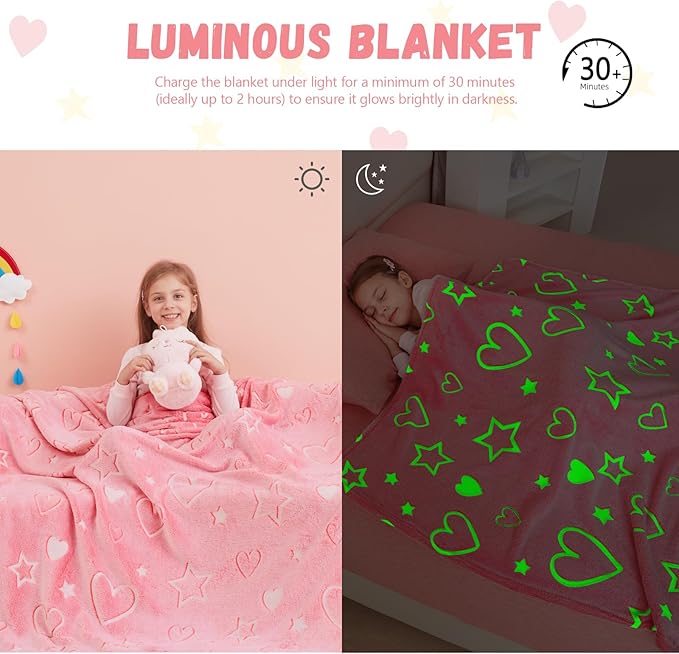 Glow in The Dark Heart Blanket,Heart Gifts Toys for Girls, Birthday Presents Decor for Kids Age 3-14 Year Old Daughter Teen Child Toddler Soft Luminous Christmas Bedroom Throw Blanket 50"x60"