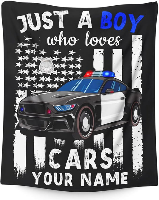 Custom Car Blanket for Boys, Cute Throw Blanket Gifts for Kids Cars Lovers, Personalized Name 50x60 Inches Black Soft Fuzzy Blankets for Sofa Couch Bed Travel