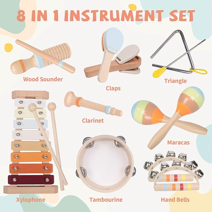 Baby Musical Instruments Set - Montessori Wooden 18 Month Old Baby Musical Toys, Toddler Percussion Instruments Xylophone Maracas Tambourine for Toddlers 1-3, Christmas stocking stuffers Gift for kids