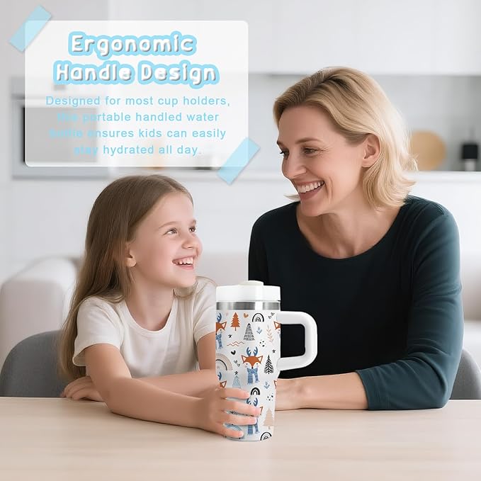 Fox Gifts for Girls - 14oz Kids Forest Red Fox Tumbler with Handle and Straw, Stainless Steel Insulated Water Bottle, for Sport, School, Travel - Animal Lovers Children Birthday Gifts Cups(1pc)