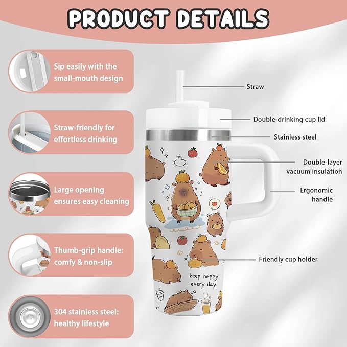 Capybara Gift for Women, 14oz Capybara Tumbler with Handle, Lid & Straw - Vacuum Insulated Stainless Steel Travel Mug - Hot/Cold Car Cup for Commuting, Office - Kawaii Water Bottle Gifts for Adults