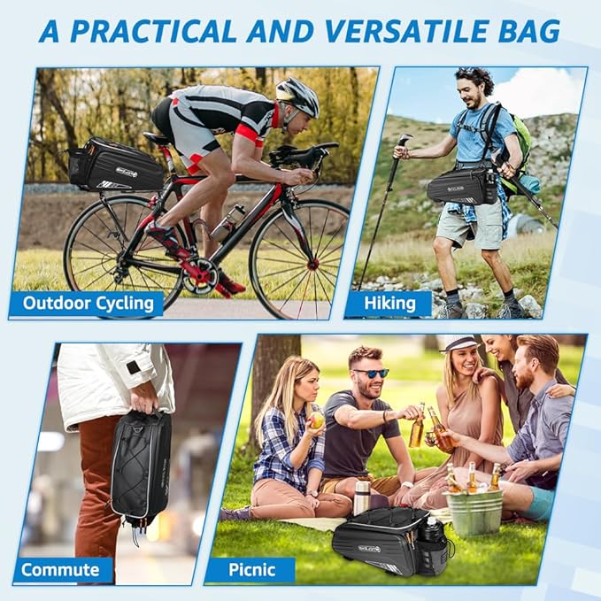 WOTOW Bike Rear Rack Bag - 10L Hard Shell Waterproof Bike Trunk Pannier with Shoulder Strap, Reflective Bicycle Rear Rack Saddle Seat Bag for Travel Outdoor Cycling Ebike Accessories