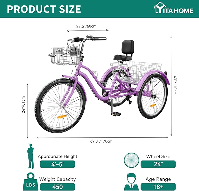 YITAHOME 24 & 26 Inch Adult Tricycle, 1 & 7 Speed 3 Wheel Bikes, Large Seat with Backrest Trike for Adults with Front & Rear Baskets, Cruiser Bike for Seniors Women Men Commute Picnic Outdoor