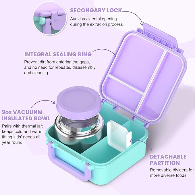 Bento Lunch Box Set for Kids with 9oz Soup Thermo, Insulated Lunch Bag,Leak-proof BPA-free Lunch Food Container with 3-4 Conpartments for School Travel-Pur-blue