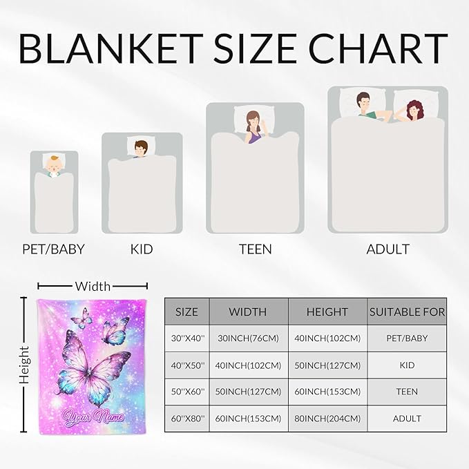 Personalized Blankets for Girls - Butterfly Blankets for Children Warm Fleece Throw Gifts Stuff for Couch, Sofa & Travel